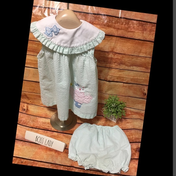 Samara Seersucker Girls Summer Dress & bloomers. - Picture 1 of 6